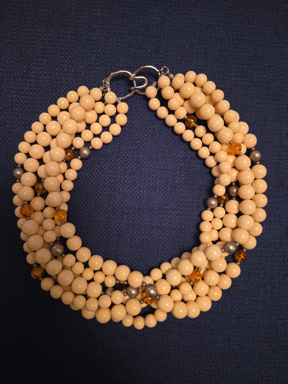 Chunky Multi Strand Cream Beaded Statement Necklace Amber Silver Tone Bib Collar